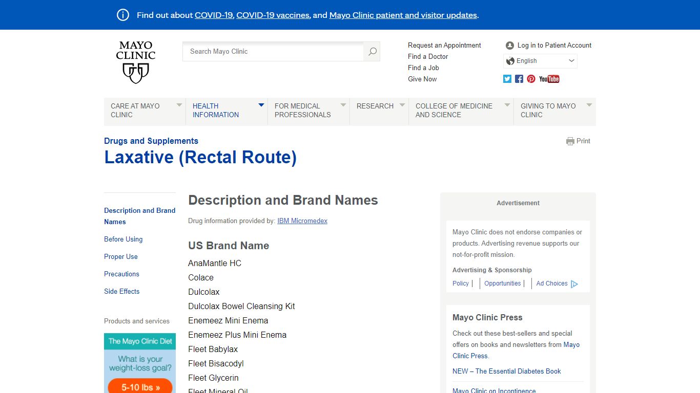 Laxative (Rectal Route) Description and Brand Names - Mayo Clinic